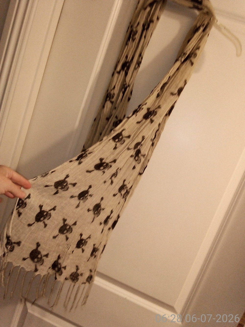 Beige Goth Skull Print Fringe Scarf - Women Accessories